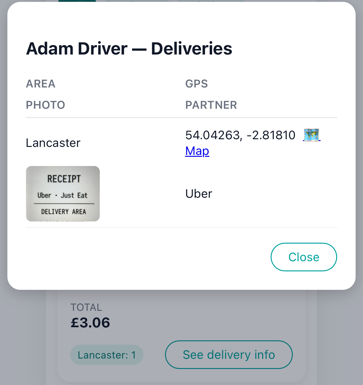 Delivery photo viewer with time and GPS stamp for proof of delivery